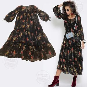 Forever 21 Medium Black Floral Boho Maxi Dress | Sheer Sleeves, Tiered Skirt